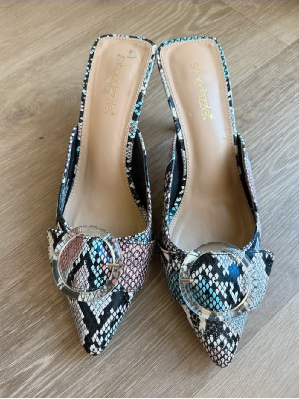 Shoe Dazzle Multicolor Snake-Print Pointed Toe Mules with Buckle